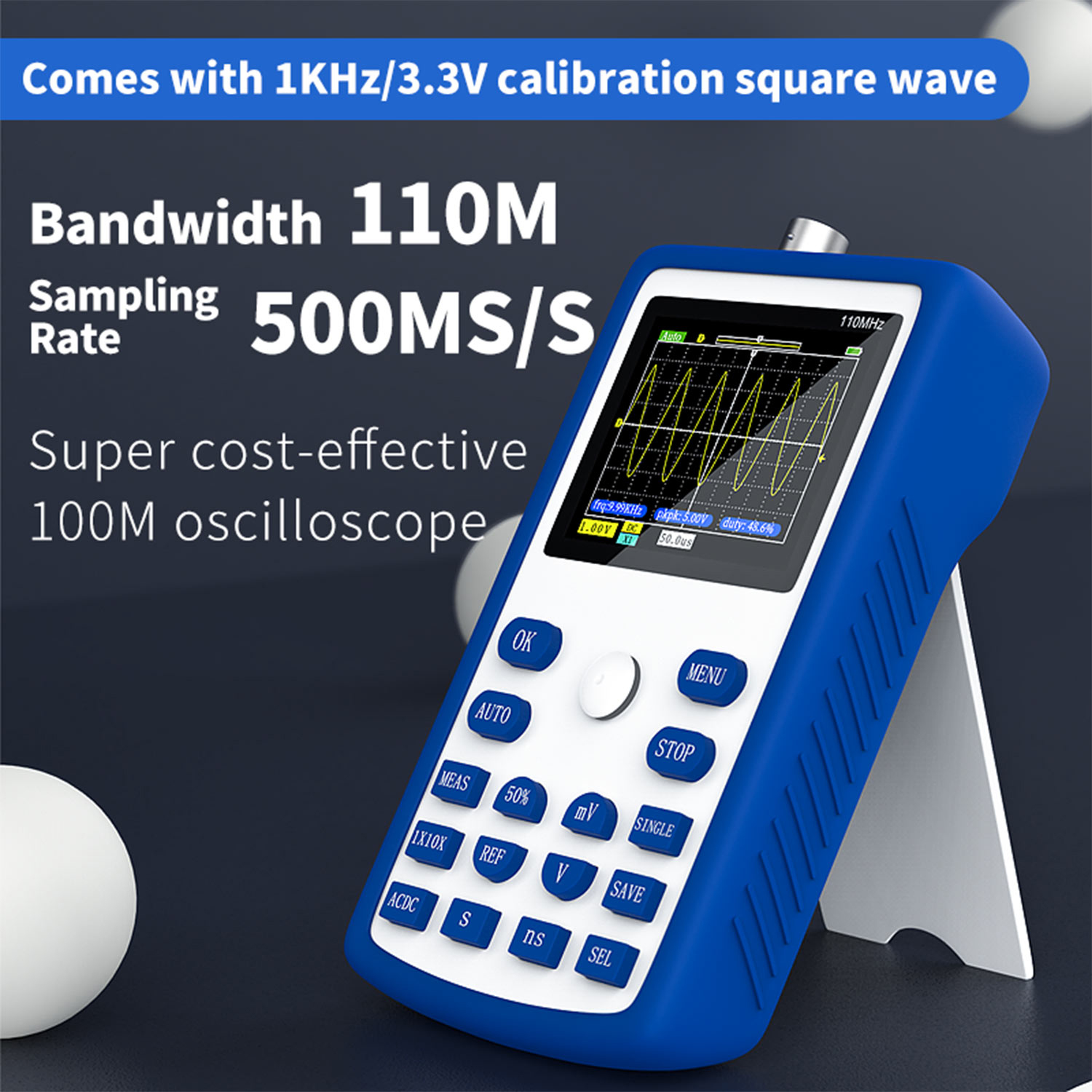 KOGEEK FNIRSI-1C15 2.4Inch Screen Handheld Portable Digital Oscilloscope 500MS/S Sampling Rate with 110MHz Bandwidth 1KHz/3.3V Calibration Square Wave Multipurpose Measuring Oscilloscopes. 