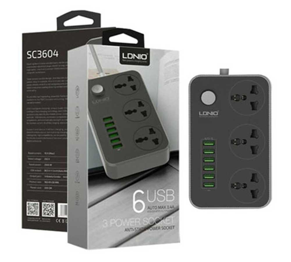 Ldino Power Strips 3 Socket with 6 USB Port For Charging - Dark Grey. 