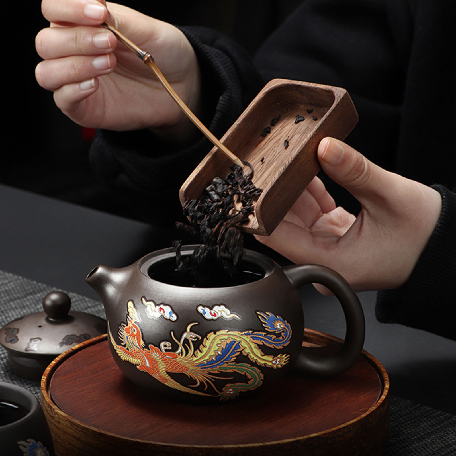 Unique Tea Set with Color-changing Effect Handmade Chinese Dragon Phoenix Zisha Clay Tea Kettle with Color-changing Effect Perfect Gift for Tea Lovers High-quality Mineral Purple Mud Teapot. 
