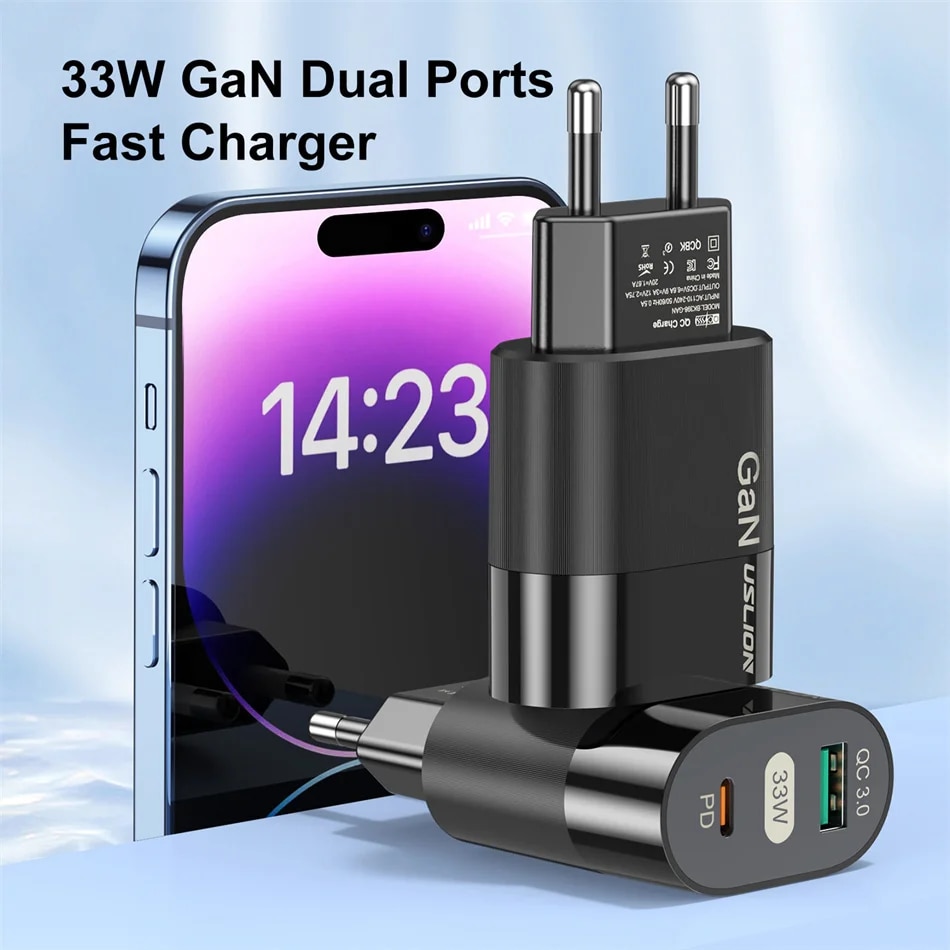 USLION Korea Plug USB C Charger 33W GaN Type C PD Fast Charging For iPhone 15 14 13 12 11 Pro Max For iPad Pro Air iPad Samsung. 