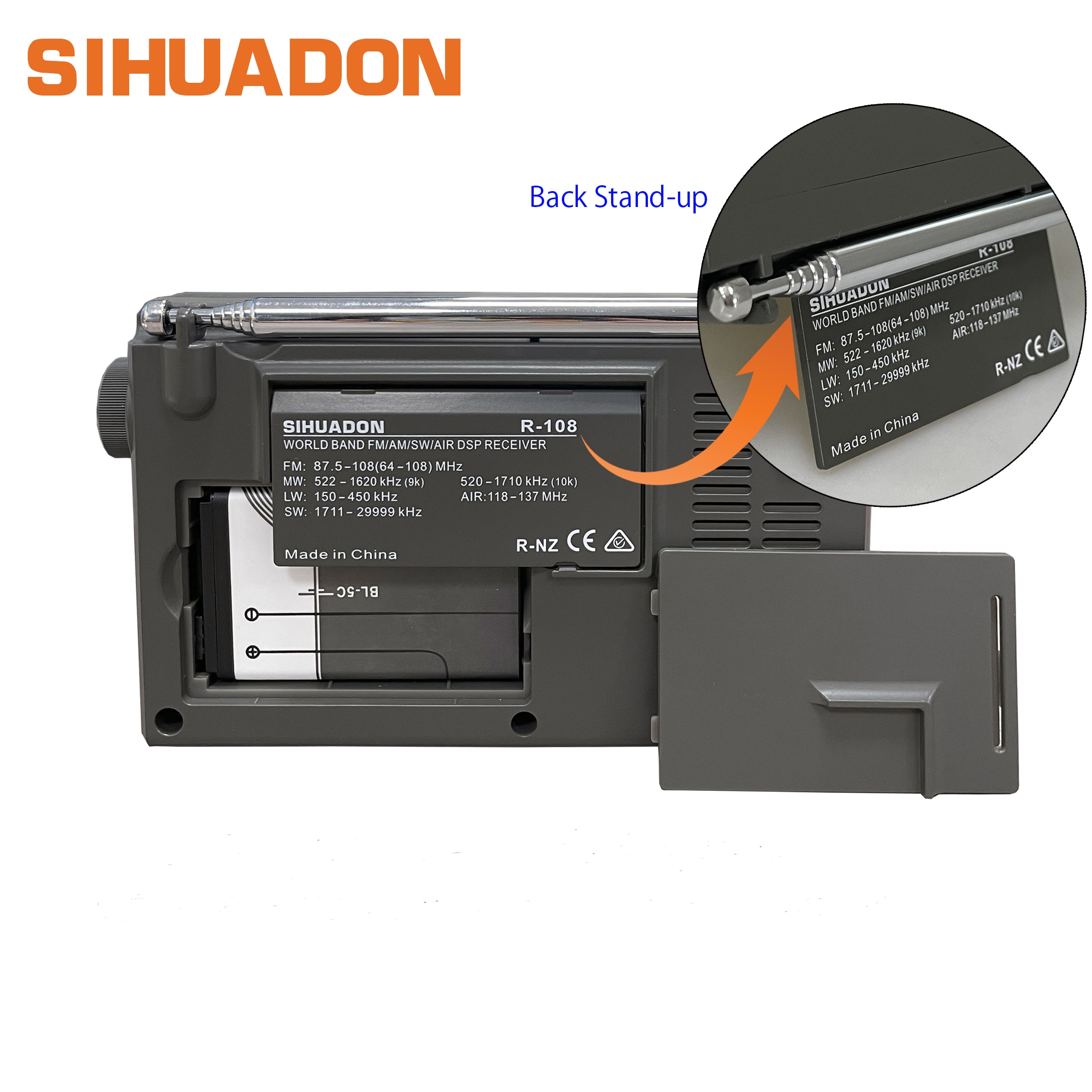 SIHUADON R-108 Radio FM Stereo Digital Portable Radio AM SW Air Radio Receiver Alarm Function Display Clock Temperature Speaker. 