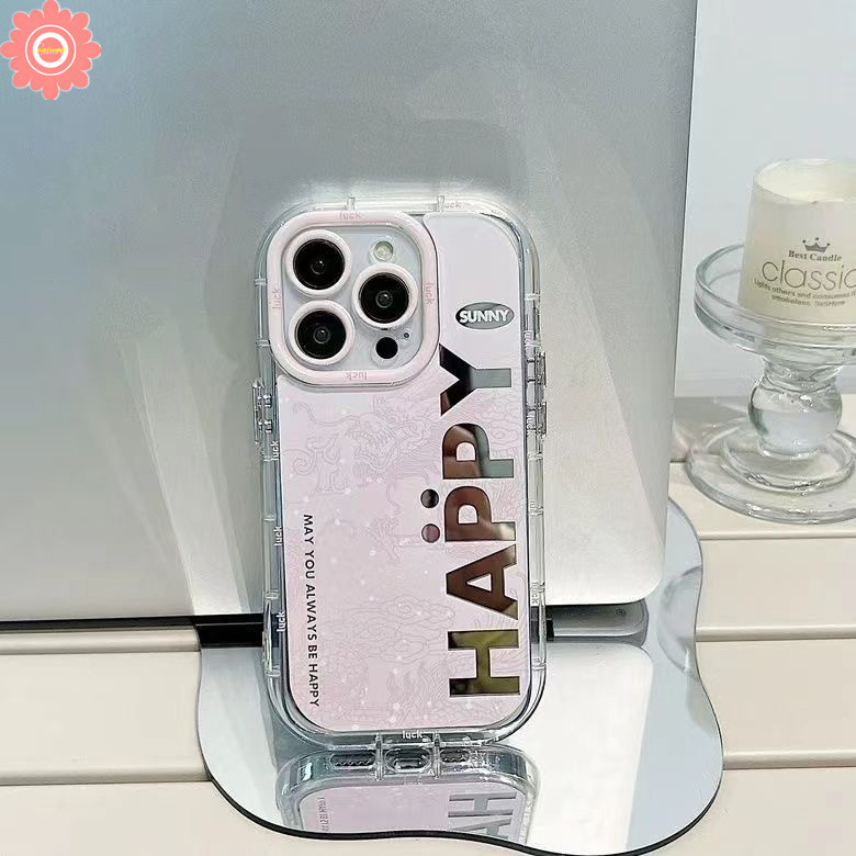 Cute Retro Simple Happy English Letter Fashion Bracelet Case Compatible for IPhone 15 11 12 13 14 Pro Max XR 7Plus 15 8 7 Plus XS X Max Luxury Makeup Mirror Puff Couple Case