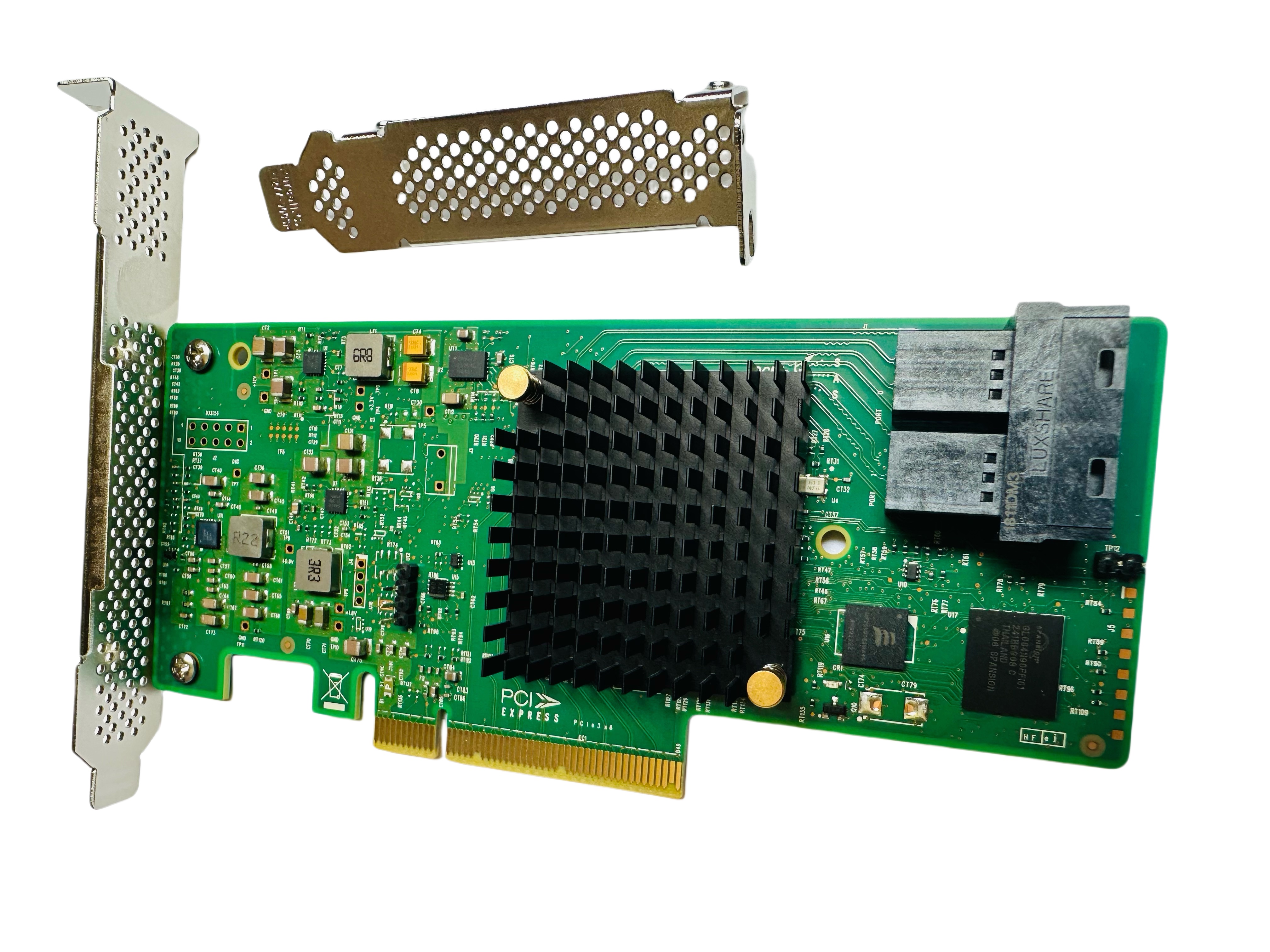 12G built-in PCIe controller card, 8-port 12Gb/s SATA+SAS HBA card, Broadcom SAS 3008 chip, PCI Express 3.0 X8, 2 mini-SAS SFF-8