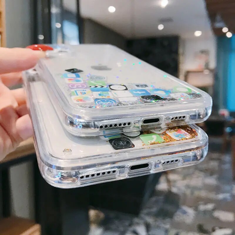 Dynamic Quicksand phone Case for iphone 14 13 12 11 Pro Max 6s 7 8 Plus X XR XS Max SE Cute Apps Icon Liquid Glitter Clear Cover. 