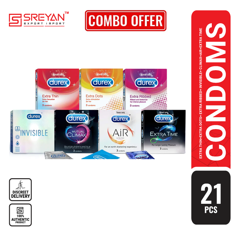 Durex Combo Condom - Extra Thin, Extra Dots, Extra Ribbed, Invisible, Mutual Climax, Air Thin , Extra Time 3s Pack - 3x7=21Pcs (India)