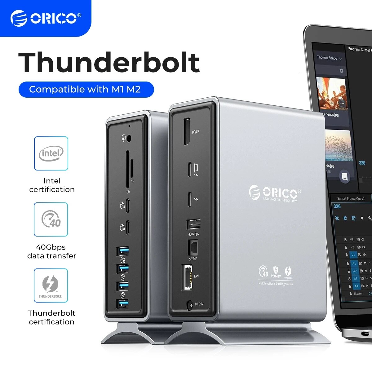 ORICO Thunderbolt 4 Docking Station Type C to HDMI-compatible Adapter 4K@60Hz USB 3.0 3.1 HUB Splitter for MacBook Mac Windows