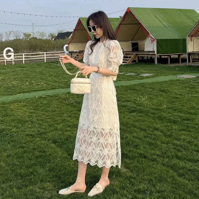 2024 Summer New High-End Solid Color High-Grade Long Elegant Lace Dress  Waist Slimming Hollow Korean Style | Daraz.com.bd