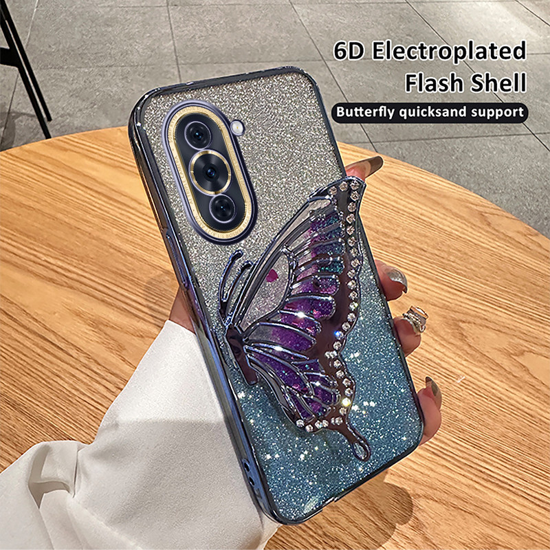 New Phone case Huawei Nova 10 / Nova 10 Pro / Nova 10 SE Shiny Plating Quicksand Drilling Butterfly Holder Phone Case Clear Silicone