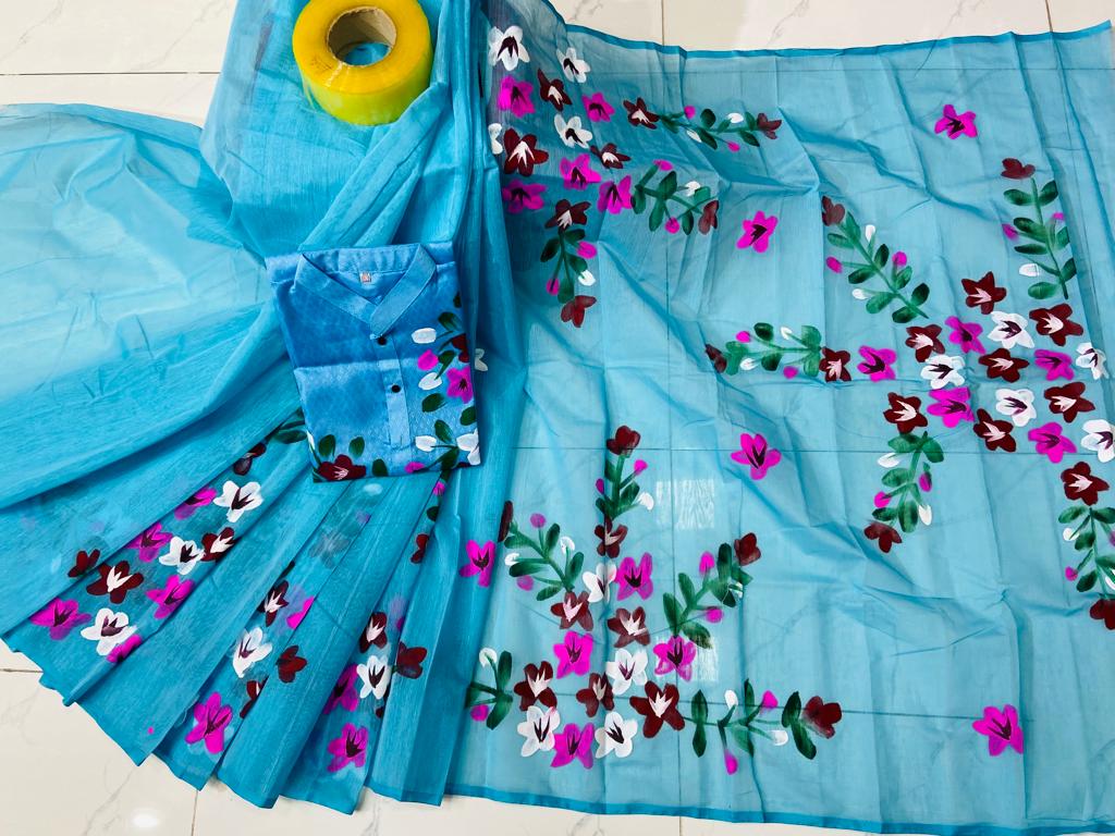 Couple set Half silk hand print saree & dupaiyan Panjabi
