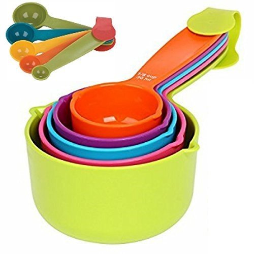 Plastic Measuring Cup And Spoon Set Of 10-Piece (Colorful) - Weight Machine. 