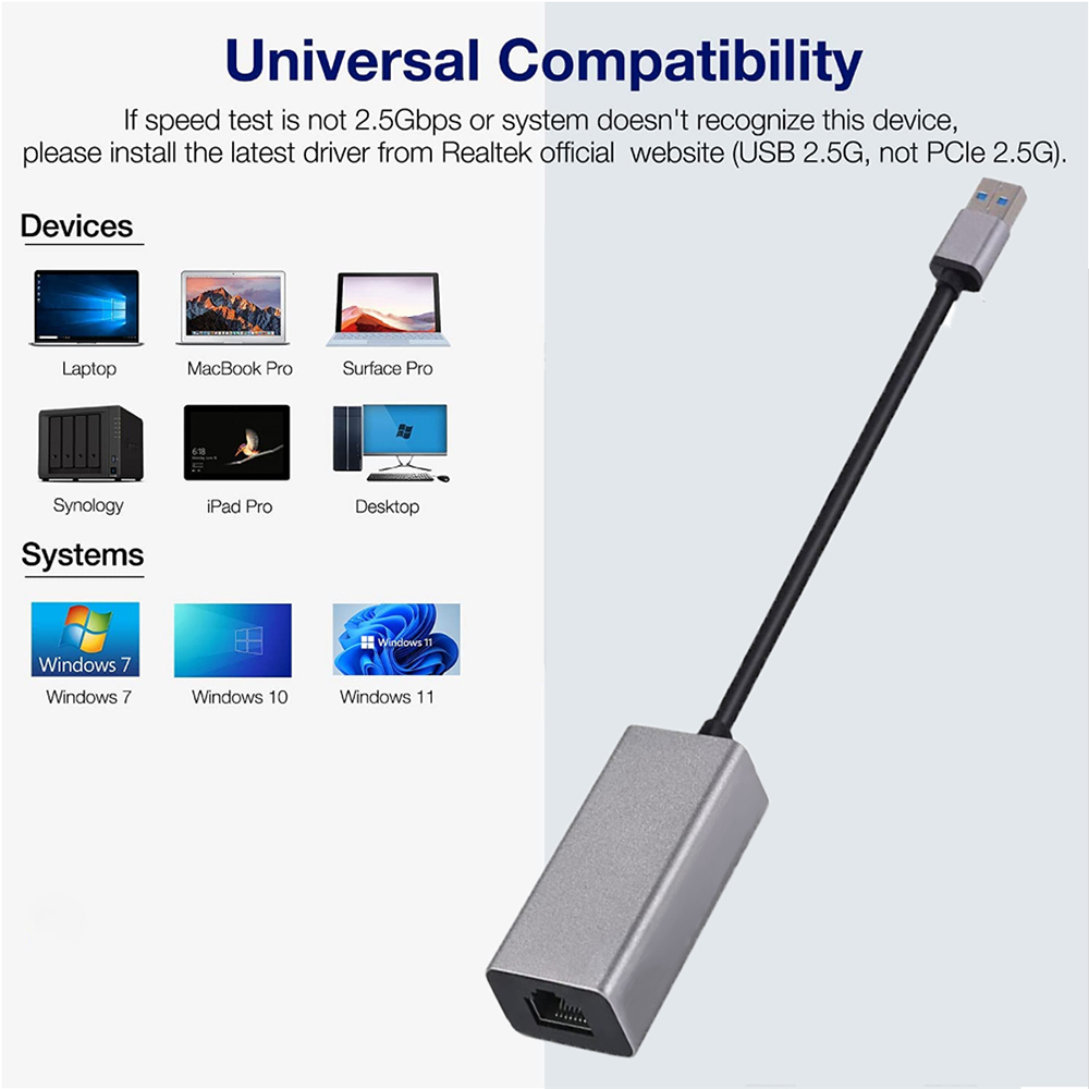 Nku 2.5Gbps RTL8156B USB 3.0 Network Card 2500Mbps USB to RJ45 Ethernet Adapter LAN Cable Free Driver for Windows7/8/10 MacOS PC. 