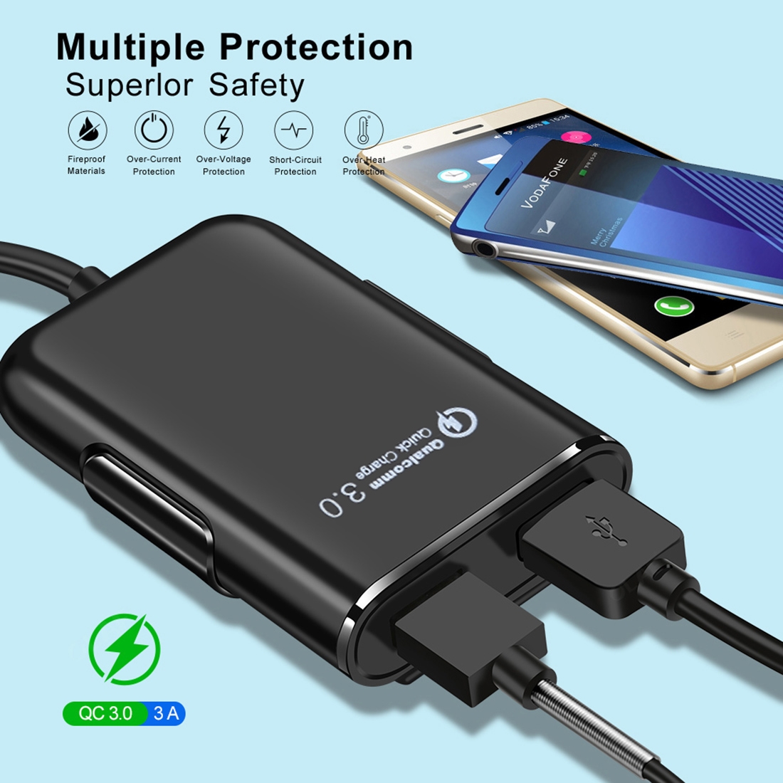 (New)HMQ-C801 1.8m 8A Max 4 Ports USB Car Charger with Extending USB HUB for Front y Back Seat Charging. 