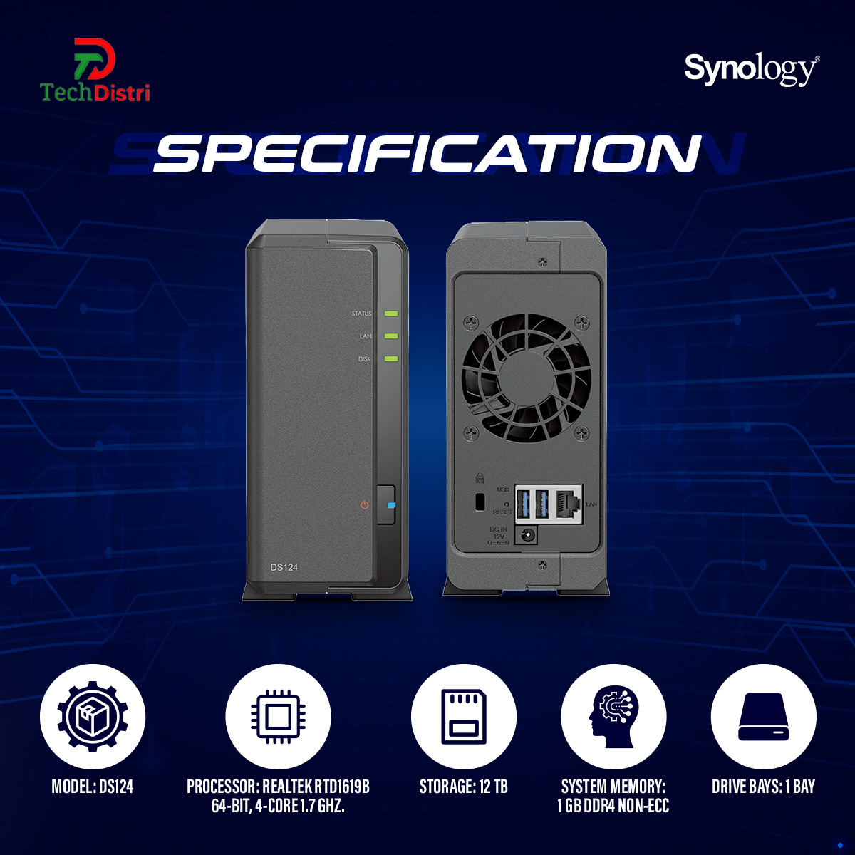 Synology DS124 NAS , 1-Bay DiskStation, Realtek RTD1619B , 64-bit, 4-core 1.7 GHz.. 
