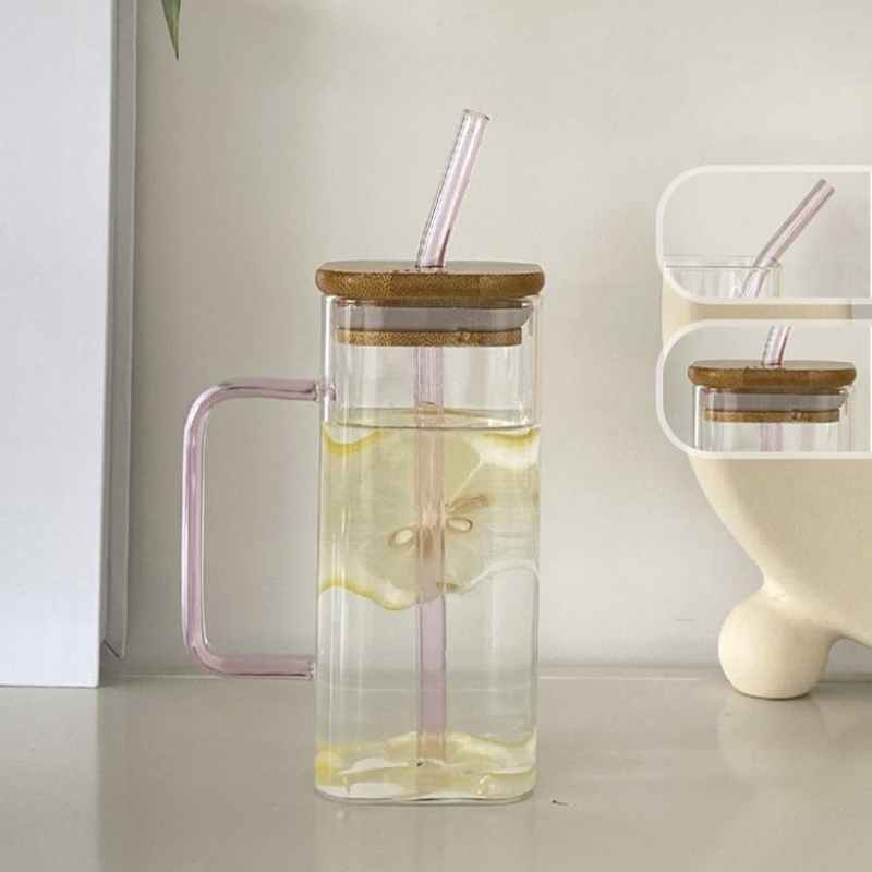 400Ml Square Mug With Lids and Straws Single Colored Handle Layer Drinking Glass Cups For Soda Iced Coffee Milk Bubble Tea Water