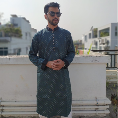 Bottle Green Panjabi for Men_Exclusive Indian Punjabi with Silver Button and Black Sleeves. 