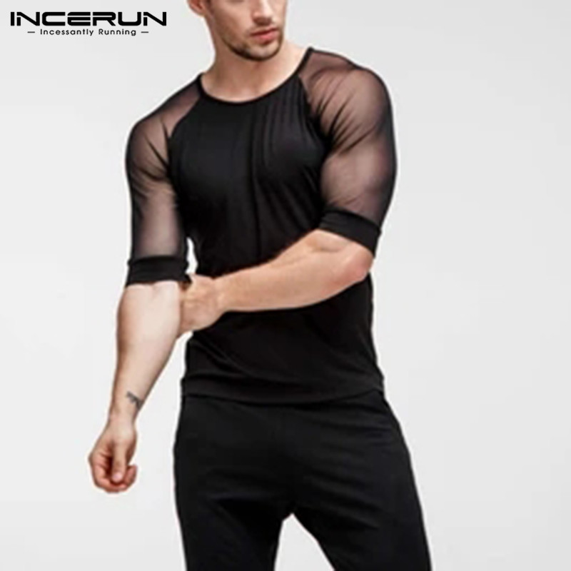 INCERUN Mens Short Sleeve T Shirt Mesh Party Dress Blouse