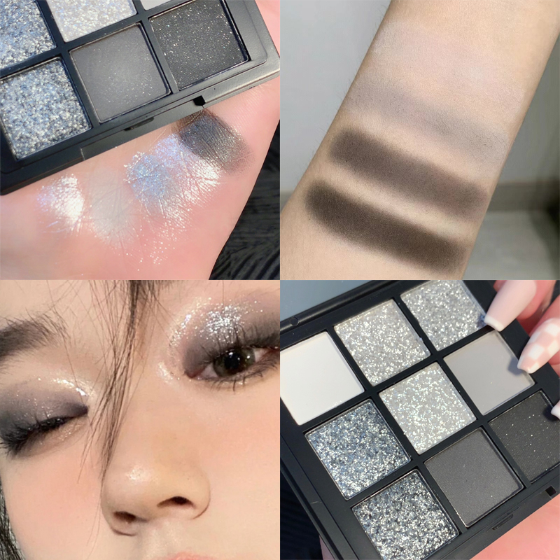 Ggmm Suke 9 Colors Eyeshadow Palette metallic white gray black eyeshadow palette with mirror. 