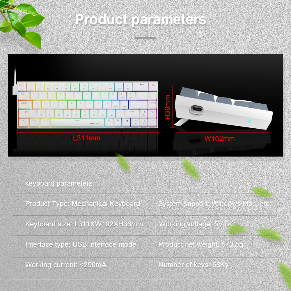 E-YOOSO Z686 RGB USB 60% Mini slim Mechanical Gaming Wired Keyboard Red Switch 68 Keys Gamer for Compute PC Laptop. 