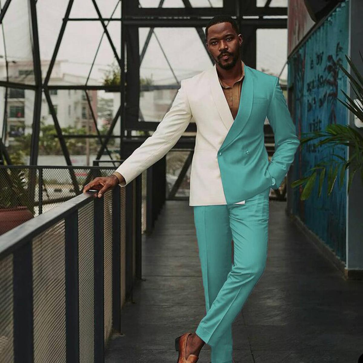 New Patchwork Men Suits 2 Pcs Double Breasted Man Blazer Sets Tuxedos Color Matching Prom Party Suit trajes de hombre Coat+Pant