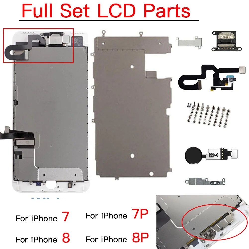 Full Lcd Parts For iPhone 7 7P 8 Plus Front Camera Home Button Flex Cable Ear Speaker Full Set Screws Repair Replacement