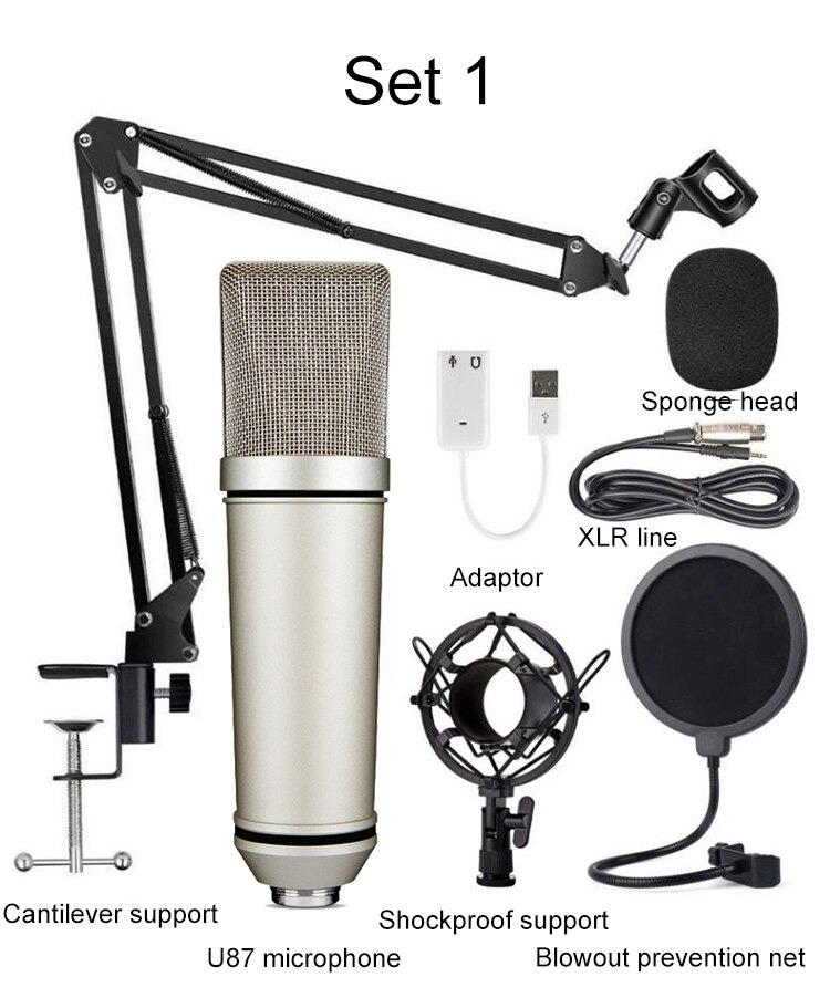 Professional Studio Record Condenser Microphone U87 With Shock Mount, Stand, holder, pop Filter,  XLR to 3.5mm Audio cable, Mic Foam For Mobile Computer laptop Gaming Podcast Silver. 