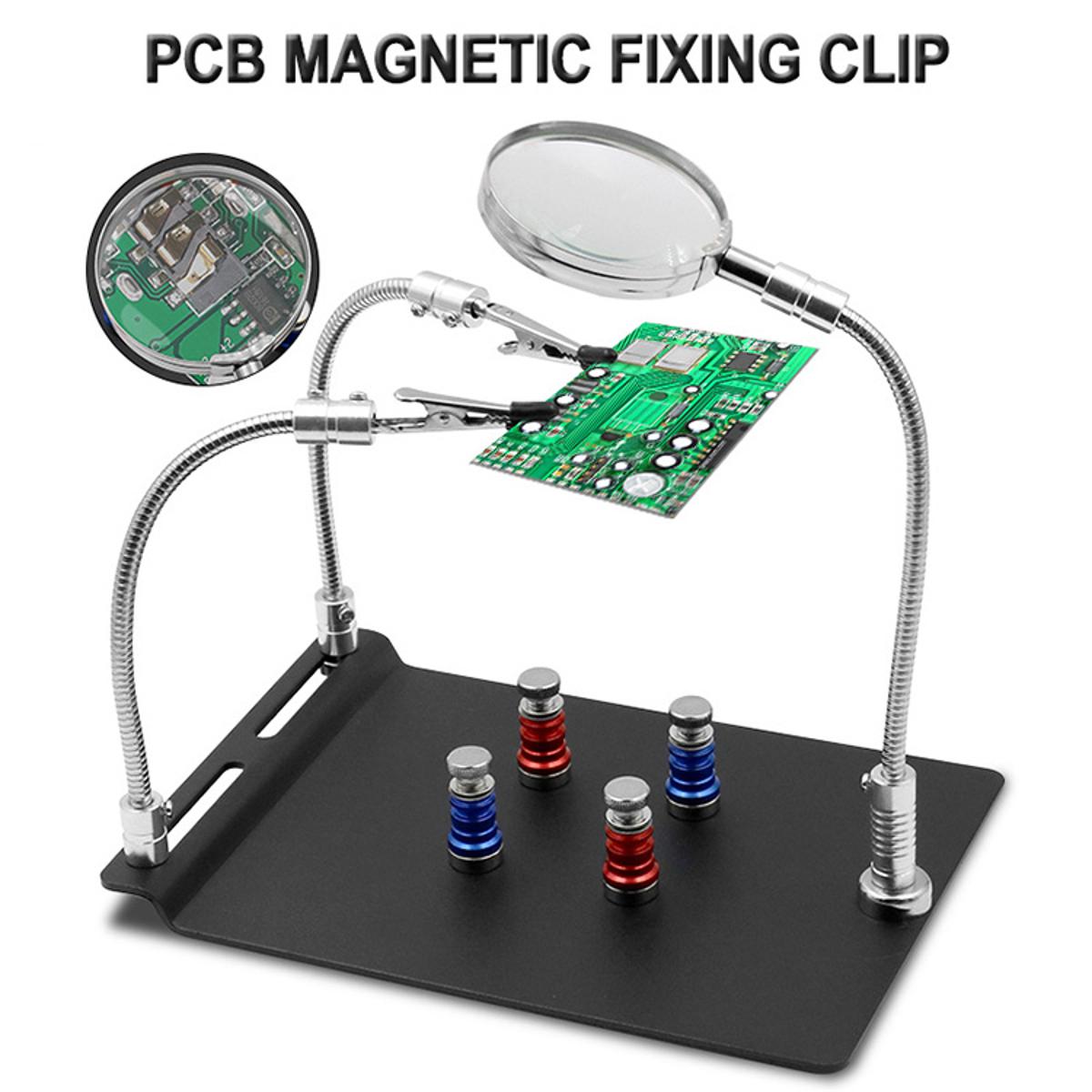 PCB Magnetic Fixing Clip PCB HOLDER Circuit Holder 3rd Hand Soldering Stand Third Hand 4Pcs Fixing Clips 2Pcs Flexible Arm 1Pcs Magnifying Glass Helping Hand Repair Tools