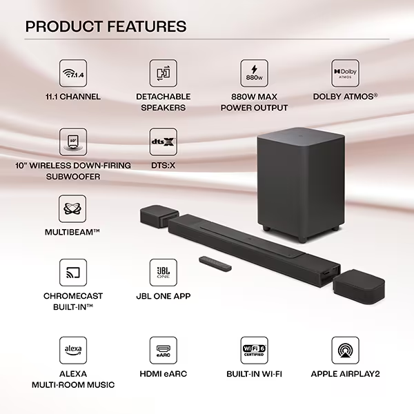 JBL Bar 1000 Pro,True Dolby Atmos,DTS:X,MultiBeam,Wireless Subwoofer,HDMI eARC 880 W Bluetooth Soundbar with Free Delivery