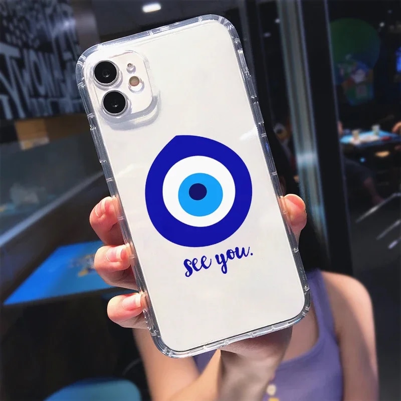 Turkish Lucky Blue Evil Eye Abstract Phone Case Transparent for IPhone 11 12 14 7 15 13 Pro X Max XR Plus Soft Shockproof Cover. 