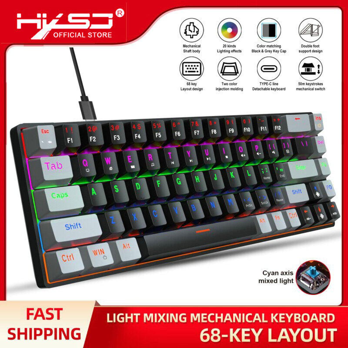 HXSJ V800 Wired Mechanical Keyboard 68 Keys RGB Gaming Keyboard with Detachable Type-C Cable ABS Keycap (Red Switches). 