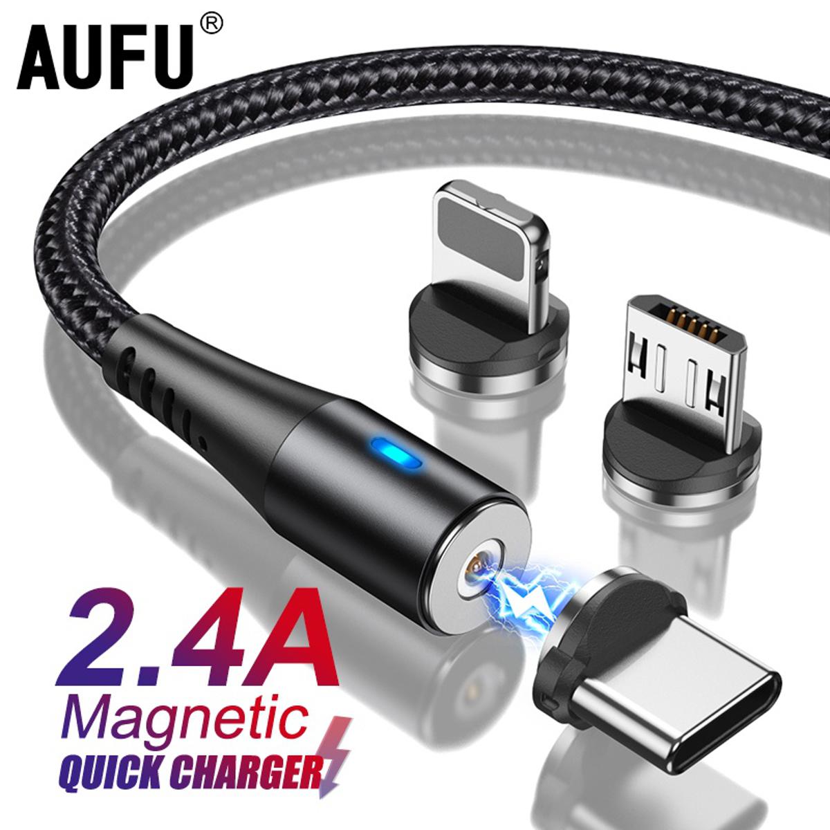 AUFU 360 Degree Rotation Magnetic Charger Cable USB Micro Type C Fast Charging Cable with LED Light Magnet Charger Cable for Android