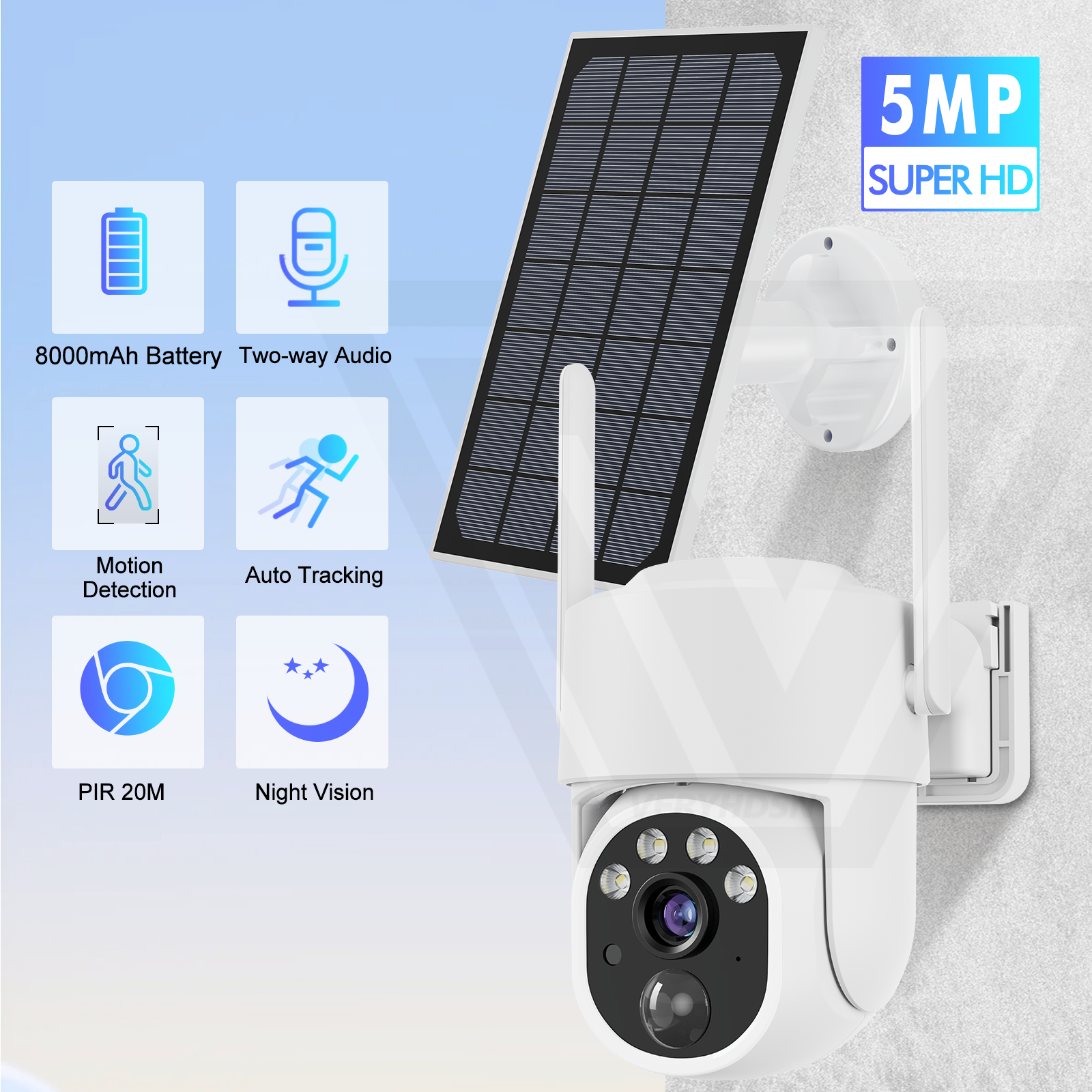 5MP IP Solar Power WiFi Camera PTZ Outdoor IP66 Waterproof 8000mAh Built-in Battery Surveillance Cam PIR Human Detection 5X Zoo. 