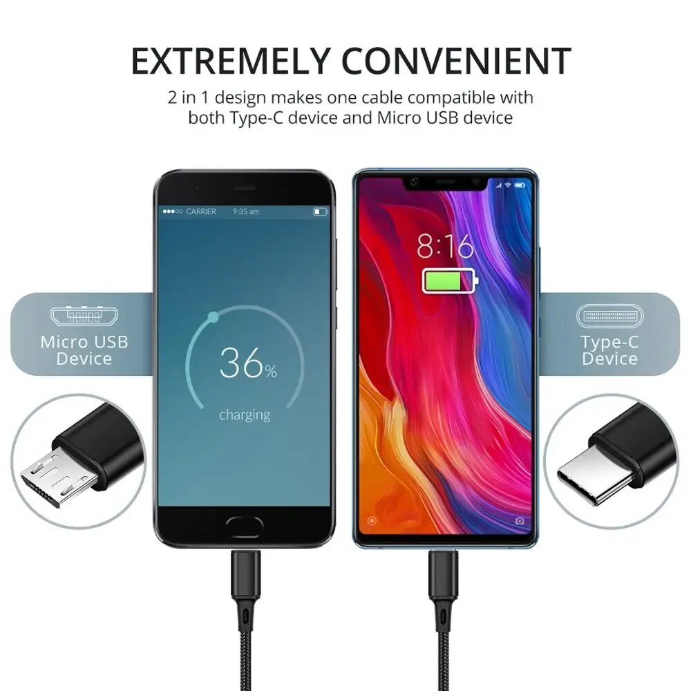 2 In 1 Micro USB Cable Type C Cables Fast Charge Charger Cable Tablet Phone Charge Cord 2in1 Nylon Braided Mobile Android Wires. 