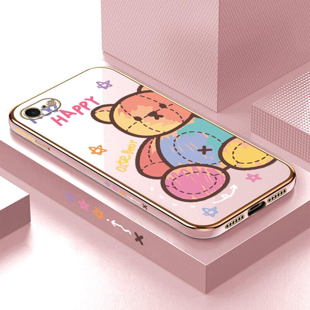 Luxury 6D Plating Case for iPhone 8 Color Cartoon Doll Bear Side Pattern Back Cover Soft Silicone Square Frame Shiny Bling Phone Cases + Free Lanyard