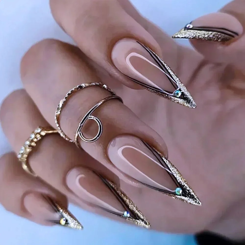 24Pcs False Nails With Glue Almond Pink Butterfly Design Detachable Rhinestones Acrylic Nails long stiletto Press On Nails. 