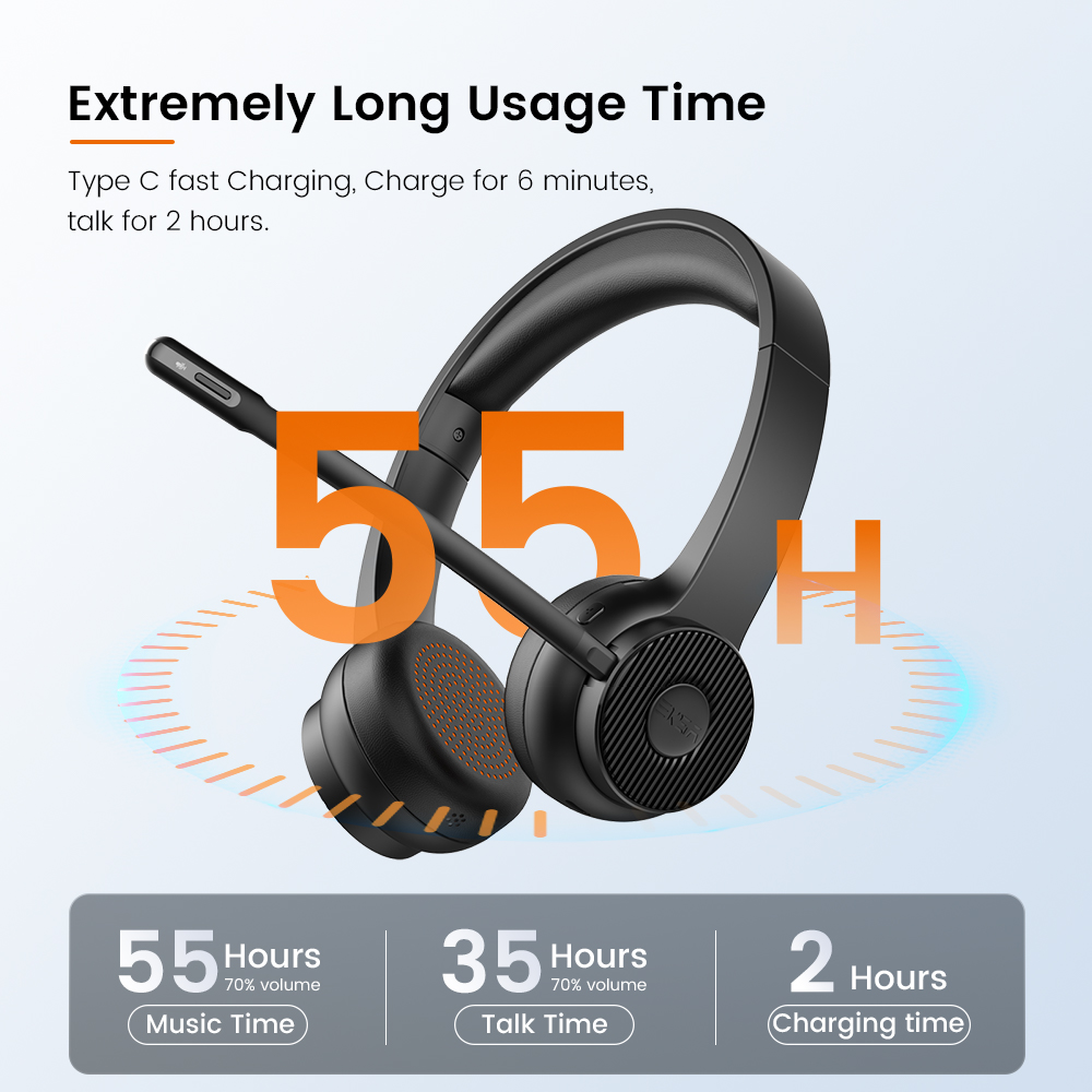EKSA - H16 Bluetooth 5.2 Headsets, PC Wireless Headphones, AI ENC Mic, 35H Talk Time, with USB Dongle for Office/Call Center. 