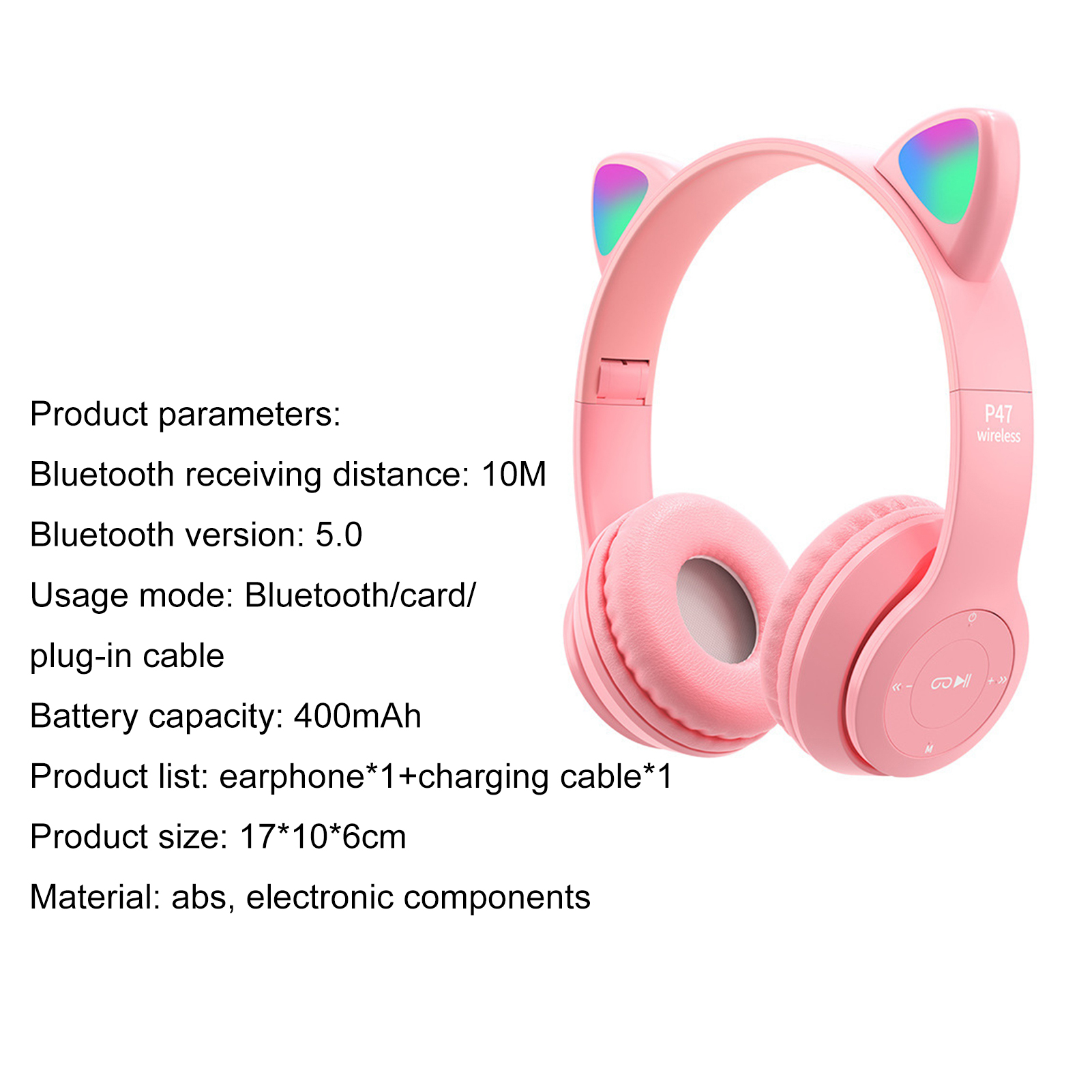 P47 Headphone Bluetooth 5.0 Luminous Cat Ear Shape Wireless Headset for Travel. 
