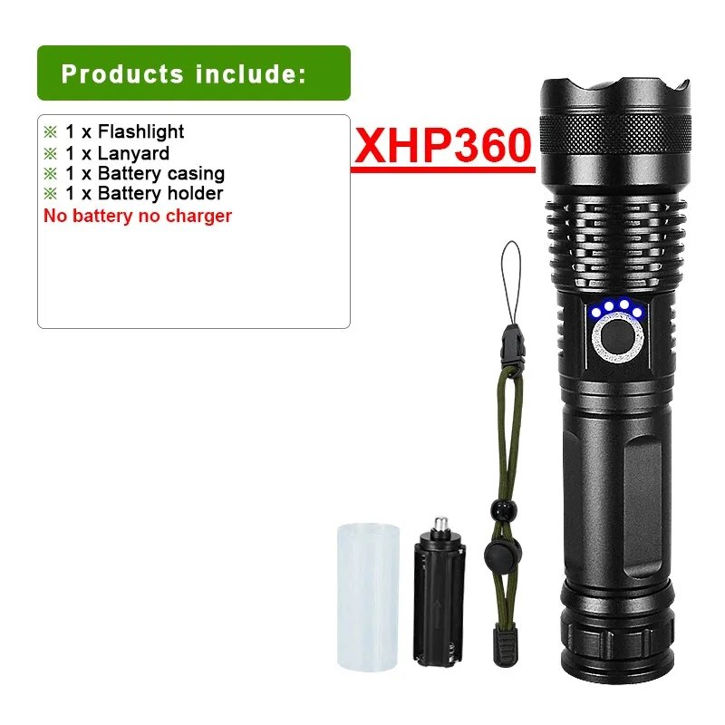 Ultra Bright XHP360 LED Flashlight High Power Flash Light Type-C Rechargeable Lamp Telescopic Zoom Torch Outdoor Camping Lantern. 