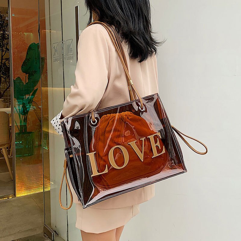 New Fashion Korean Version Foreign Air Bag Large Capacity Transparent Brown Jelly One Shoulder Messenger Tote Bag