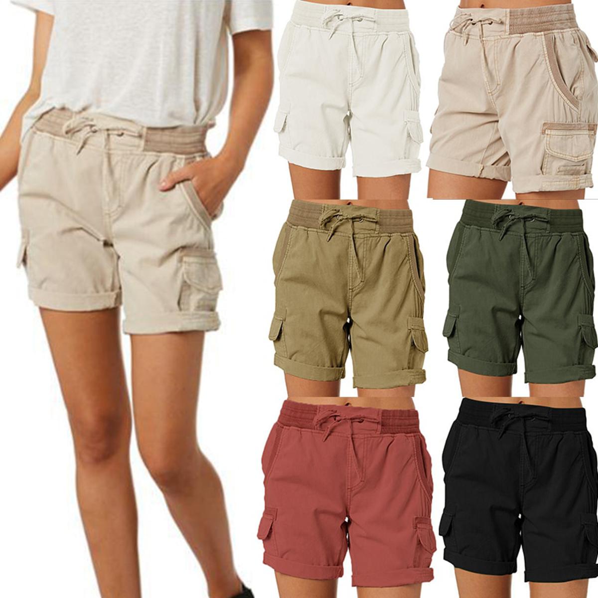 Womens Shorts Cotton Cargo Pants Casual Pocket Trousers Summer Thin beach  Chic