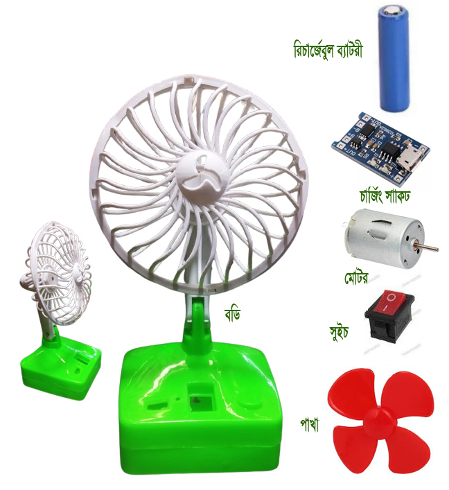 Rechargeable Fan Combo Pack - (3.7v DC Motor + Propeller Fan + TP4056 Charging Module + Casing Holder + Rocker Switch). 