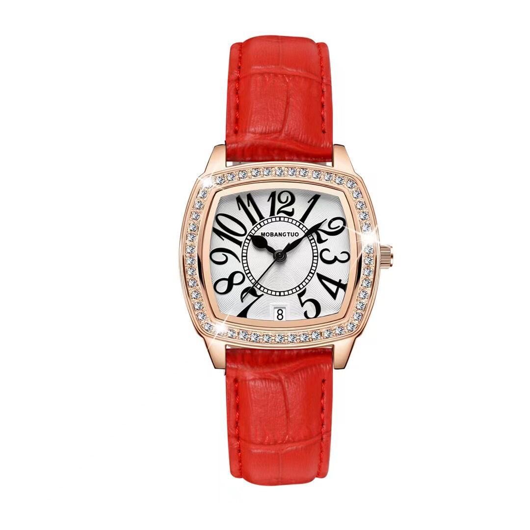New Women's Square Watch Digital Scale with Date Small Square Watch Retro Coffee Color Belt Waterproof Fashion Women's Watch. 