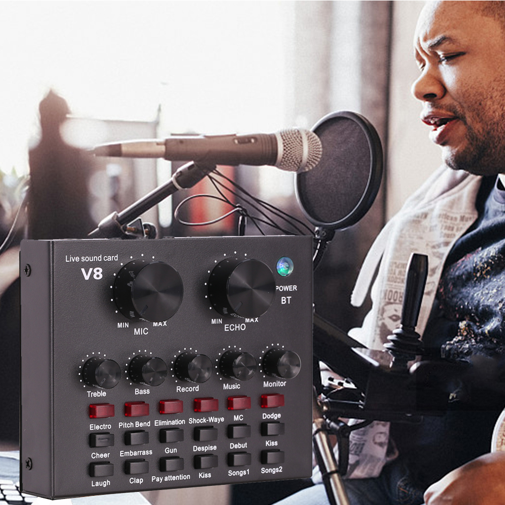 Live Sound Card V8 Voice Changer Dual DSP Noise Reduction Chip Audio Mixer Multiple Funny Effects For Phone Computer Game iPad Karaoke Streamer Recording. 
