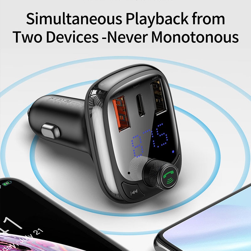 Baseus FM Transmitter Bluetooth 5.0 Handsfree Car Kit Audio MP3 Player With PPS QC3.0 QC4.0 5A Fast Charger Auto FM Modulator. 
