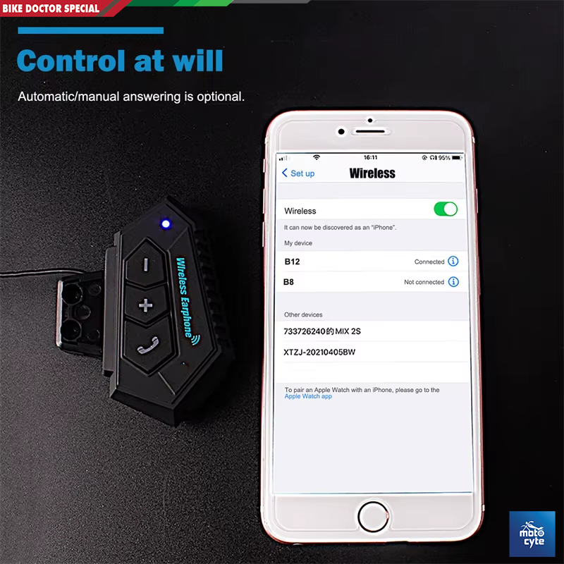 Motorcycle Helmet Communicator Intercom Headset Music Interphone Bluetooth 5.0  Waterproof, Hands-Free, Long Battery Life (Not Device to Device). 