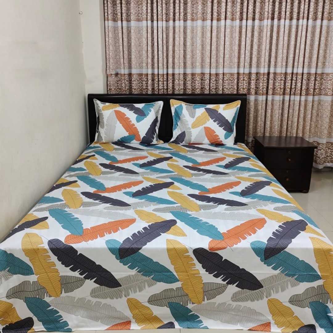 Cotton King Size Flat Bedsheet with Two Pillow Covers Cotton Blend Fabric 125-130 Thread Count Multicolor Print - 7.5 x 8.5 Feet Machine & Hand Washable