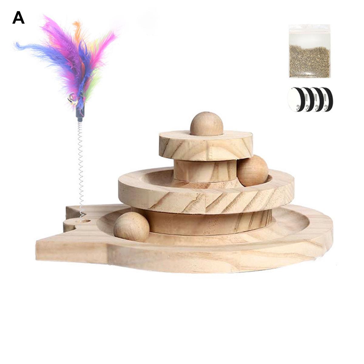 1 Set Pet Turntable Toy Smooth Edges Anti-scratch Wood Pet Kitten Beads Turntable Feather Toy Pet Accessories