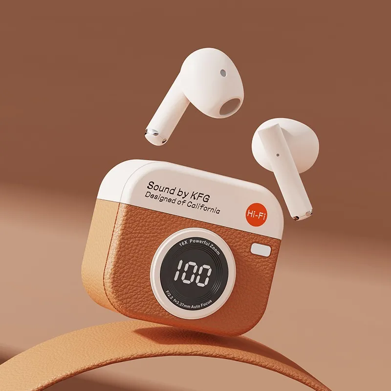 2026 New Style Retro Camera Design Q86 Earbuds, Bluetooth 5.3 Semi-In-Ear Headphones with Digital Battery Indicator
