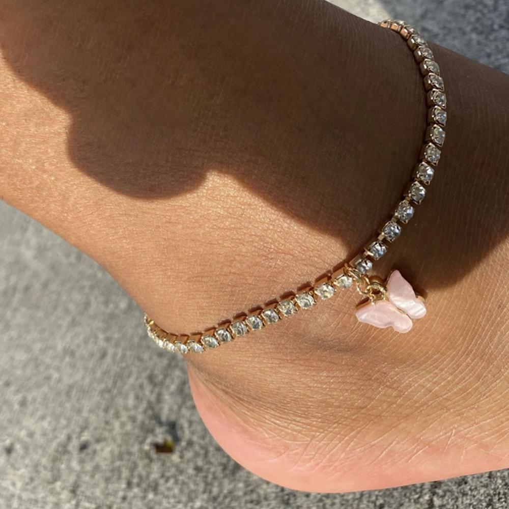 European and American cross-border personalized single-layer butterfly rhinestone anklet foot ornaments for women, simple and fresh pink butterfly pendant Anklet