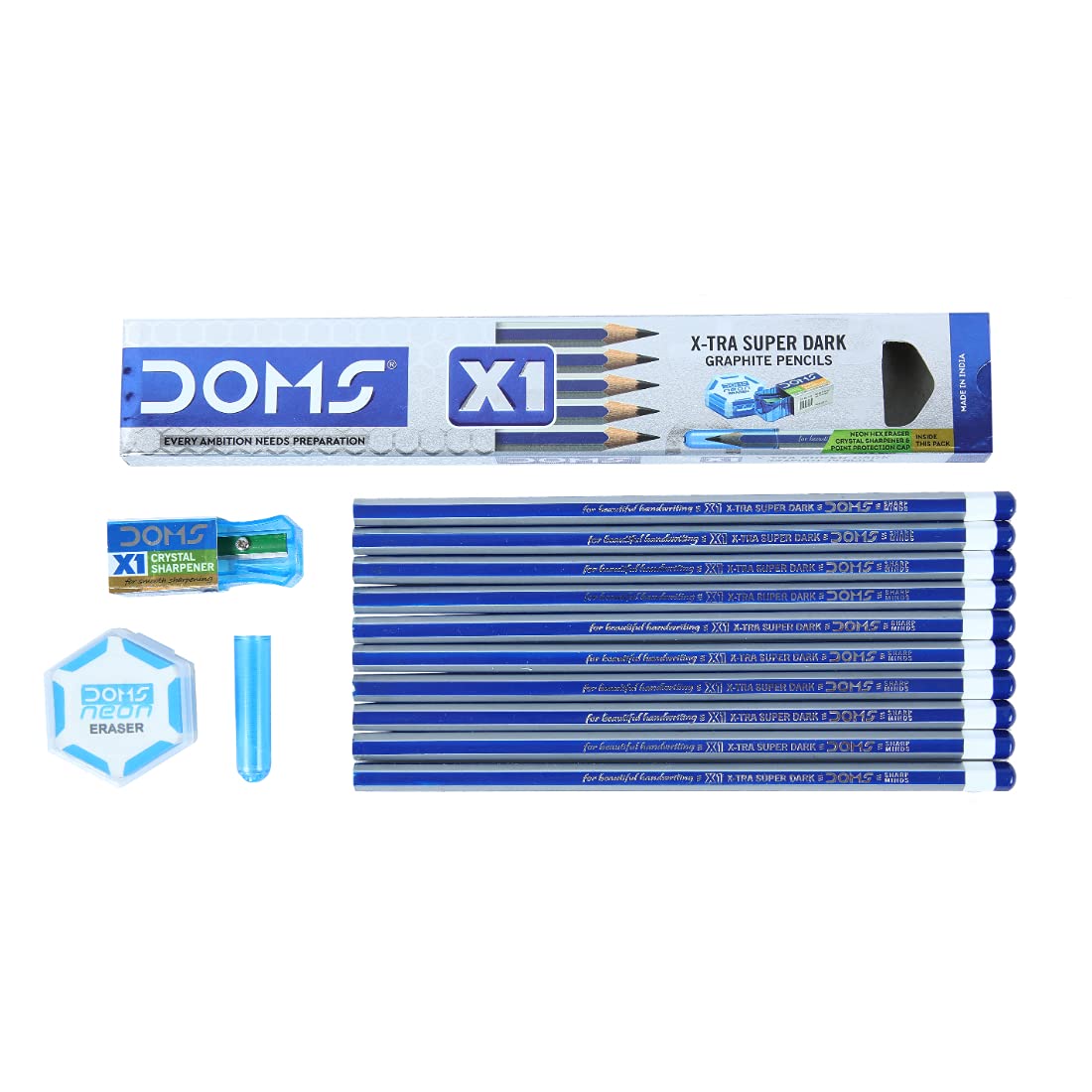Doms X1 Super Dark Pencil 10 Pcs with sharpner and eraser. 