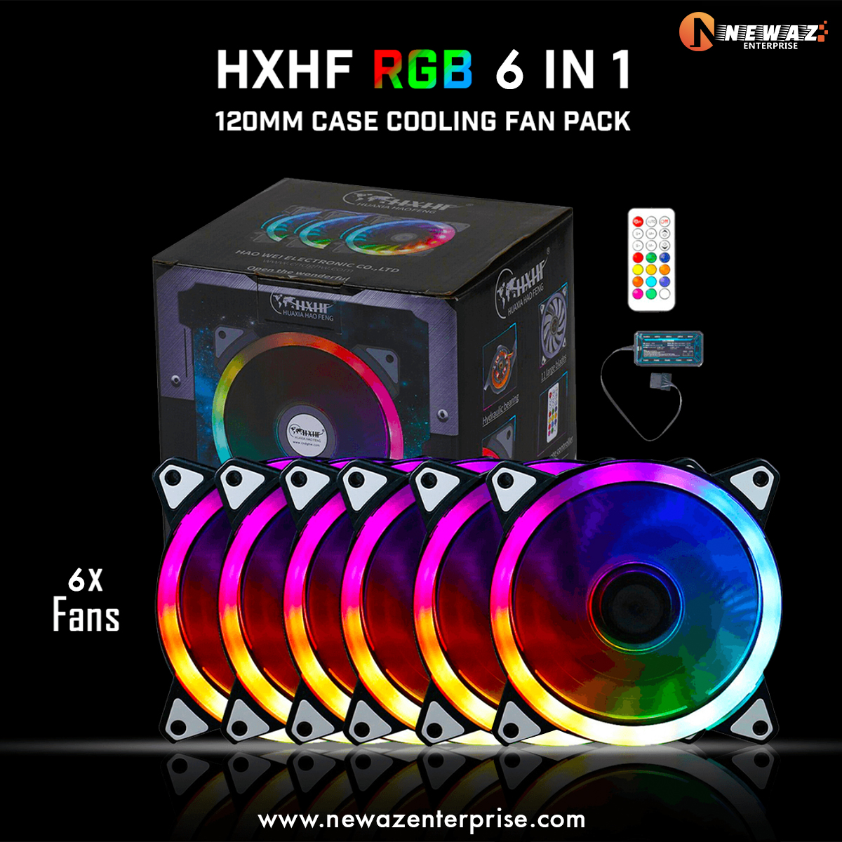 HXHF HF200 6-In-1 & 4-In-1 RGB Case Fan 120mm Cooling Fan Set Remote Included Plus 10-Port Hub For Ultimate System Cooling. 